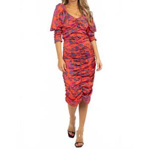 NEW SHAMPOO ruched floral midi dress in red